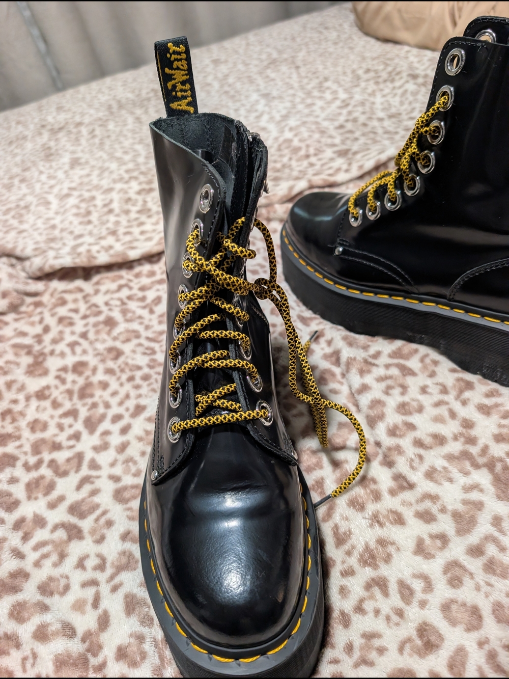 Dr. Martens Jadon Max Black Patent Platform Lace-Up Boots with Yellow Accents - Picture 3 of 7
